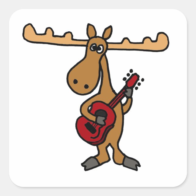 XX. Funny Moose Playing Guitar Cartoon Quadratischer Aufkleber (Vorderseite)