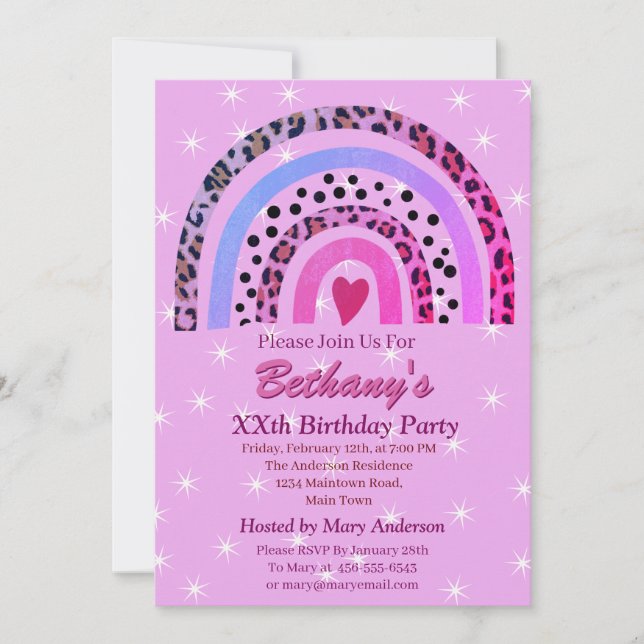 XX. Leopard Print Boho Rainbow Birthday Party Einladung (Vorderseite)