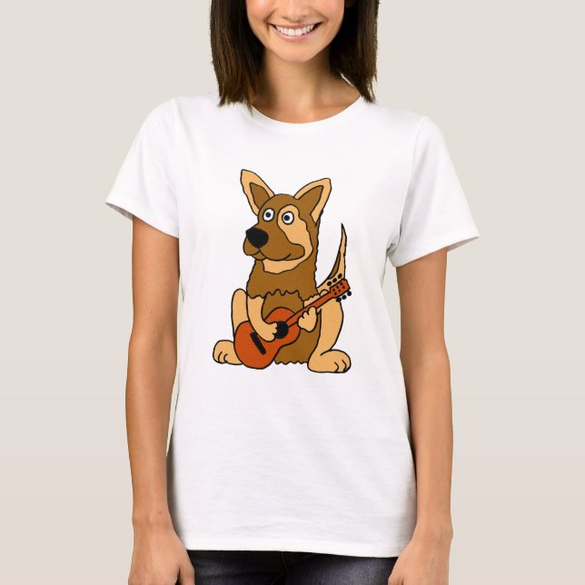 XX Schäferhund-Welpe, der Gitarren-Cartoon spielt T-Shirt (Vorderseite)