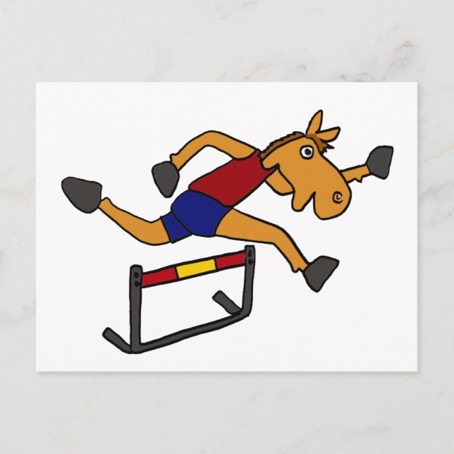 XY- Funny Horse Jumping Over Hurdles Cartoon Postkarte (Vorderseite)