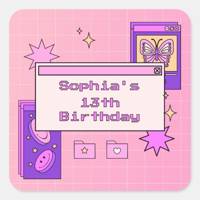 Y2K 2000s Retro Computer Interface Birthday Party Quadratischer Aufkleber (Vorderseite)