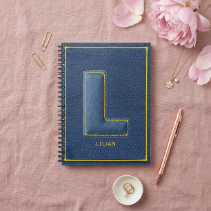 Y2K Blaue Denim Gelbe Stickerei Monogramm L Initia Notizblock