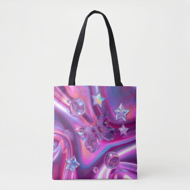 Y2K Chrome Butterfly Tote Bag | Holographic Pink (Vorderseite)