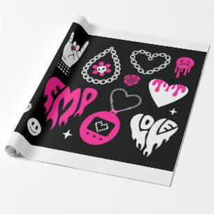 Y2k Glamour rosa und schwarze Elemente Set. Schmet Geschenkpapier