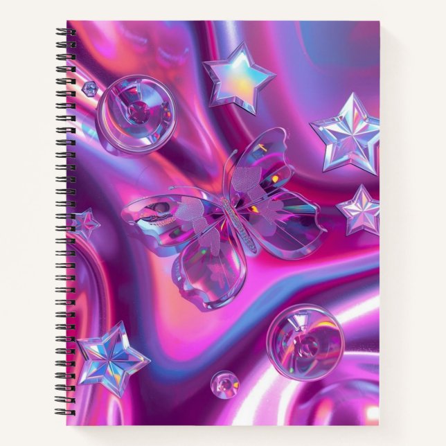 Y2K Holographic Journal | Chrome Stars & Butterfly Notizbuch (Vorderseite)