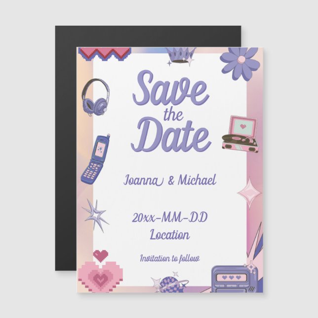 Y2K Pink Lila 2000er Retro Geek Save the Date Magneteinladung (Vorne/Hinten)