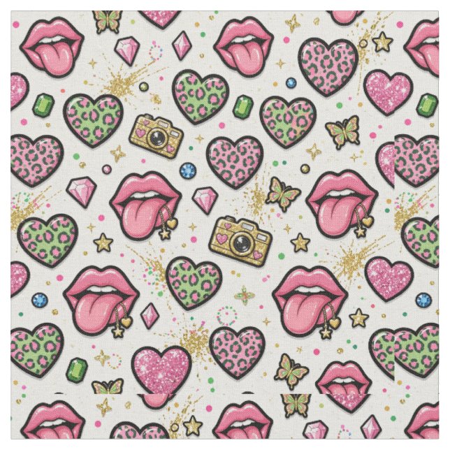 Y2K-Stoff mit rosa Herzen und Lippenmuster Collage Stoff (Nahaufnahme)