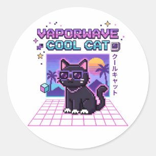 Y2K Vaporwave Pixel Coole Katze Grafik Hoodie   Ve Runder Aufkleber