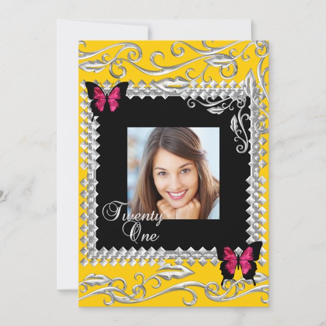 Y 21. Geburtstag Party Rosa Schwarze Schmetterling Einladung (Vorderseite)