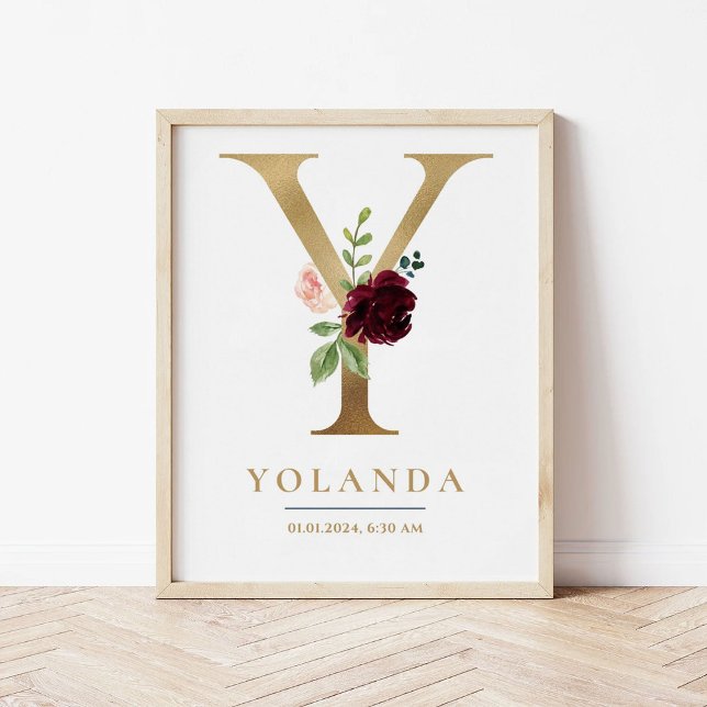 Y Letter Monogram Name Marsala Floral Kinderzimmer Poster (Von Creator hochgeladen)