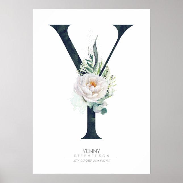 Y Letter Monogram Weiße Blume und Grüne Poster (Vorne)