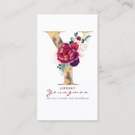 Y Monogram Gold Foil and Burgundy Red Floral Visitenkarte