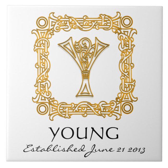 "Y" Nachname Hochzeitstag Mongram Tile Fliese (Vorderseite)