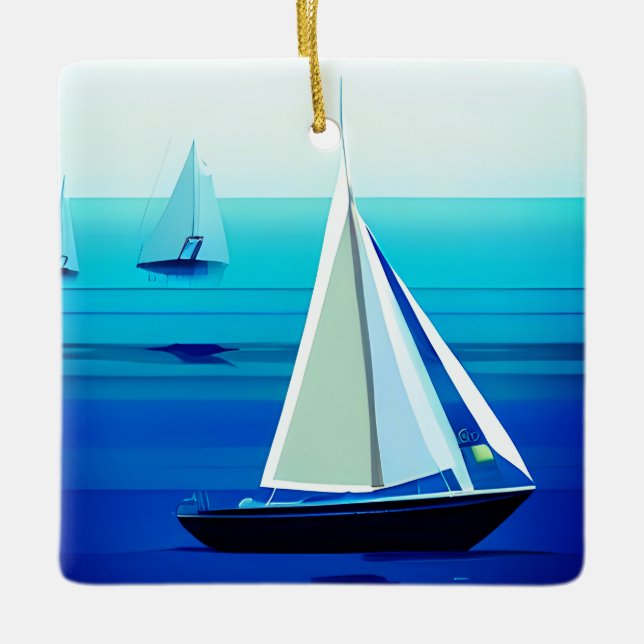 Yacht auf See, Cobalt Blue Keramikornament (Vorderseite)