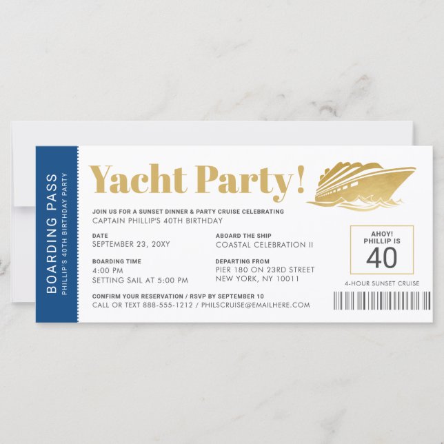 Yacht Boat Cruise Birthday Ticket Einladung (Vorderseite)