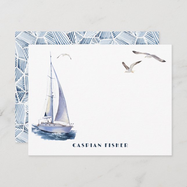 Yacht & Seagulls Watercolor Stationery Note Card Mitteilungskarte (Vorne/Hinten)