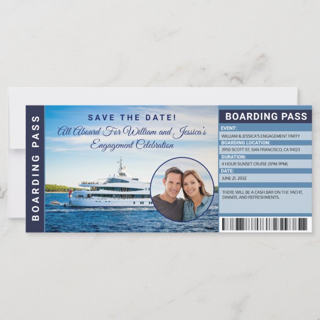Yachting Engagement Party Einladung Boarding Pass (Vorderseite)