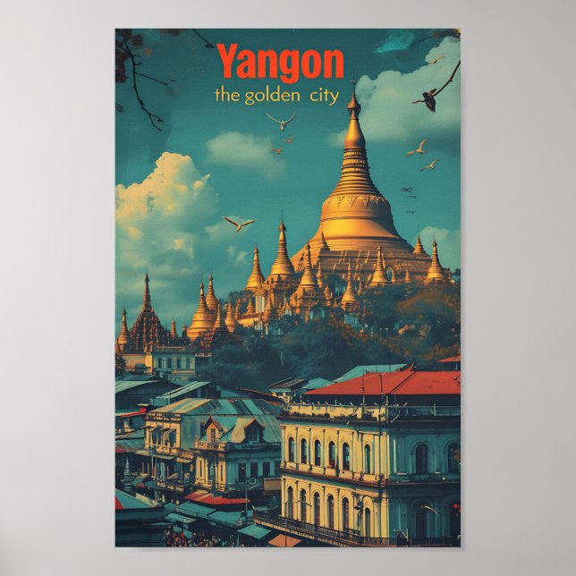 Yangon Myanmar Vintag Art Travel Illustration Poster (Vorne)