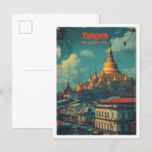 Yangon Myanmar Vintag Art Travel Illustration Postkarte