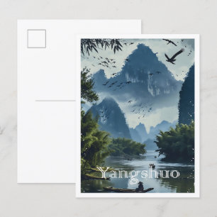 Yangshuo China Vintag Art Travel Illustration Postkarte