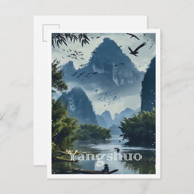 Yangshuo China Vintag Art Travel Illustration Postkarte (Vorne/Hinten)