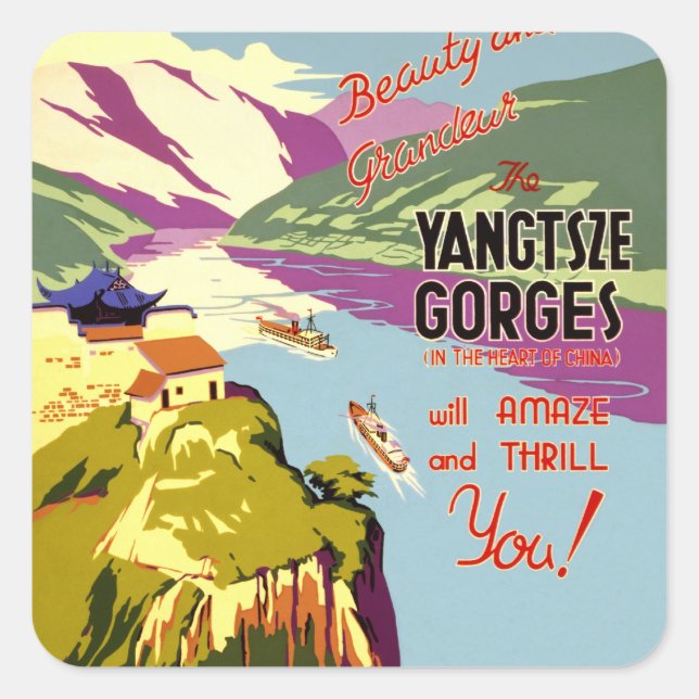 Yangtze River Chinese Travel Poster 1930 Quadratischer Aufkleber (Vorderseite)