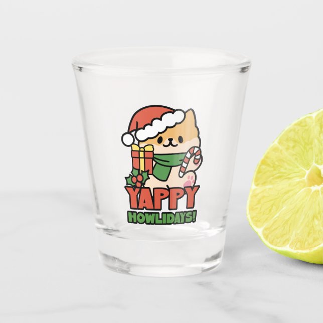 Yappy Howlidays - Niedlicher Cartoon für Weihnacht Schnapsglas (Vorderseite)
