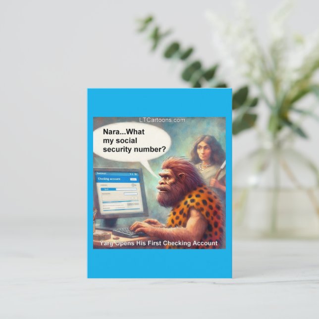 Yarg’s First Login: Banking Like a Caveman Postkarte (Stehend Vorderseite)