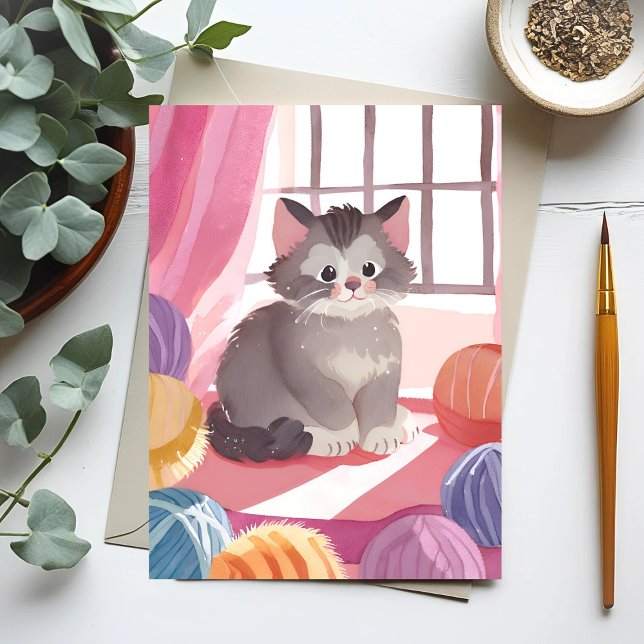 Yarn Ball Kitten | Cat Watercolor Postcard Postkarte (Von Creator hochgeladen)