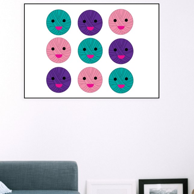 Yarn Kawaii Lila Aquamarin Poster (A fun poster featuring kawaii balls of yarn in pink, purple and teal)