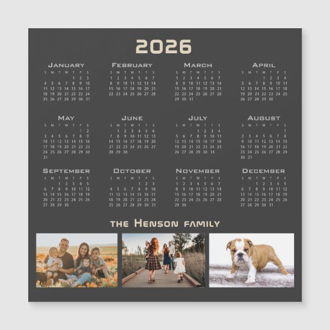 Year 2026 Calendar 3 Family Photo Collage  Magnetkarte (Vorderseite)