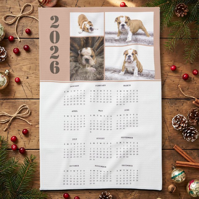 Year 2026 Calendar Dog Pet 4 Photo Collage Geschirrtuch (Von Creator hochgeladen)