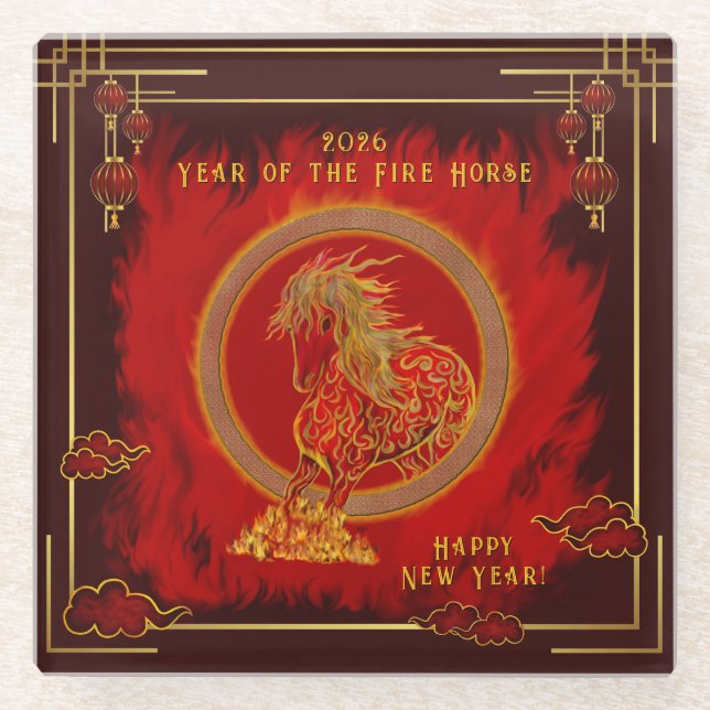 Year of the Fire Horse , Happy Lunar New Year Glasuntersetzer (Vorderseite)