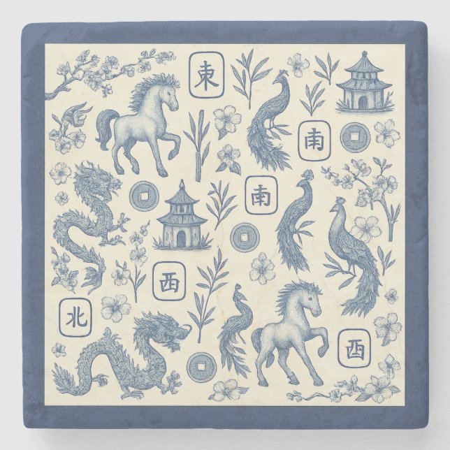 Year of the Horse Mahjong Toile Stone Coaster Steinuntersetzer (Vorderseite)