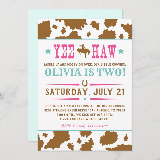 Yee Haw Rodeo Cowgirl Einladung (Vorne/Hinten)
