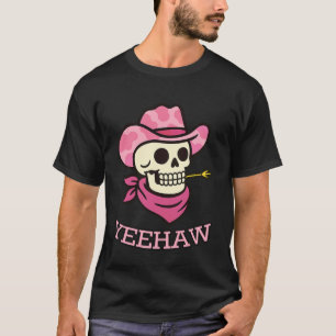 Yeehaw Cowgirl Skelett T-Shirt Rosa Kuh Druck Hut