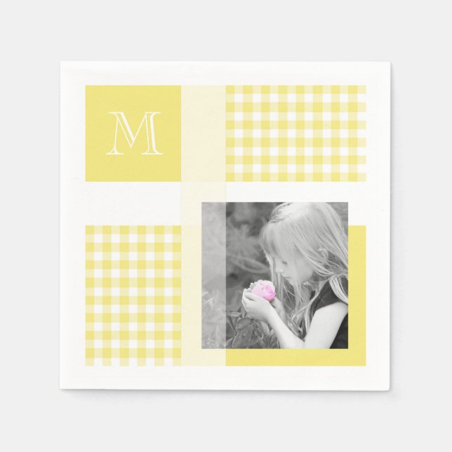 Yellow Add Your Foto Gingham Modern Monogram Serviette (Vorderseite)