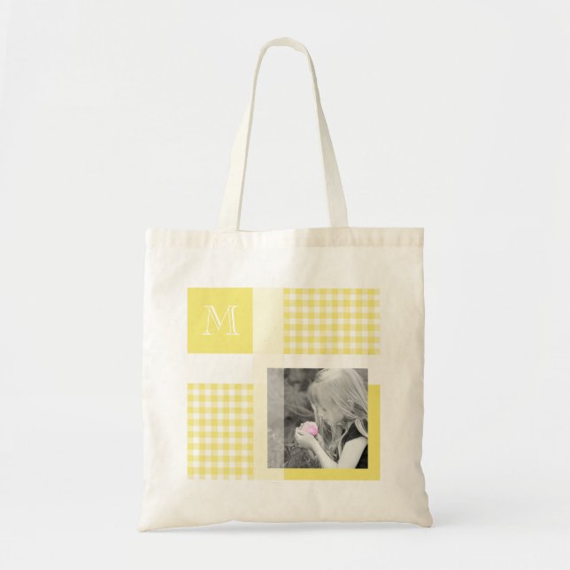 Yellow Add Your Foto Gingham Modern Monogram Tragetasche (Vorne)