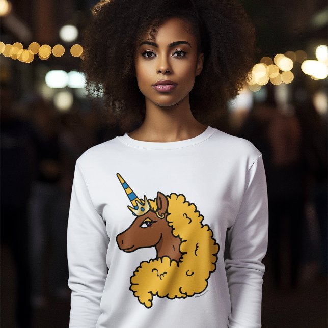 Yellow Afro Unicorn T-Shirt (AI generated model wearing long sleeve t-shirt)