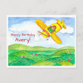 Yellow Airplane Happy Birthday Individuelle Name Postkarte