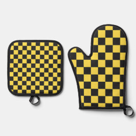 Yellow and black checkerboard pattern ofenhandschuh & Topflappen-Set