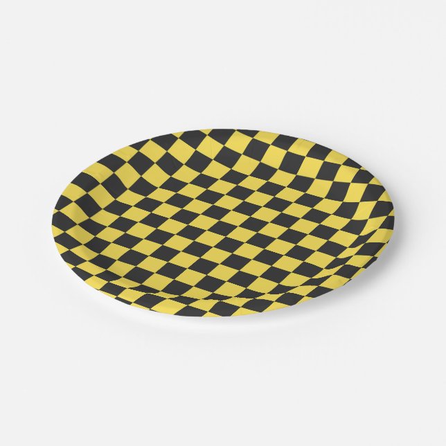 Yellow and black checkerboard pattern pappteller (Schrägansicht)