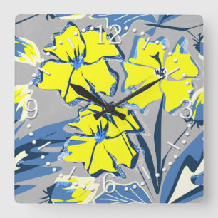 Yellow and blue flowers with sparkles. large clock quadratische wanduhr