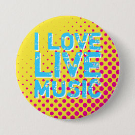 Yellow and Blue Retro Halftone I Liebe Music Butto Button