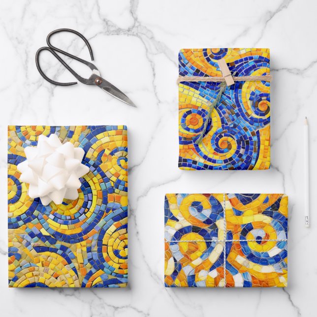 Yellow and Blue Starry Night Mosaic Glass Patterns Geschenkpapier Set (Vorderseite)