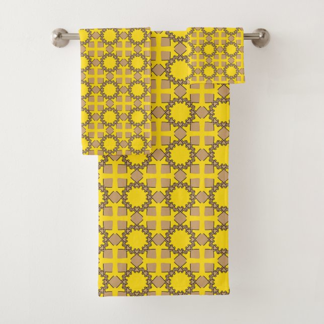 Yellow and brown geometric pattern  badhandtuch set (Insitu)