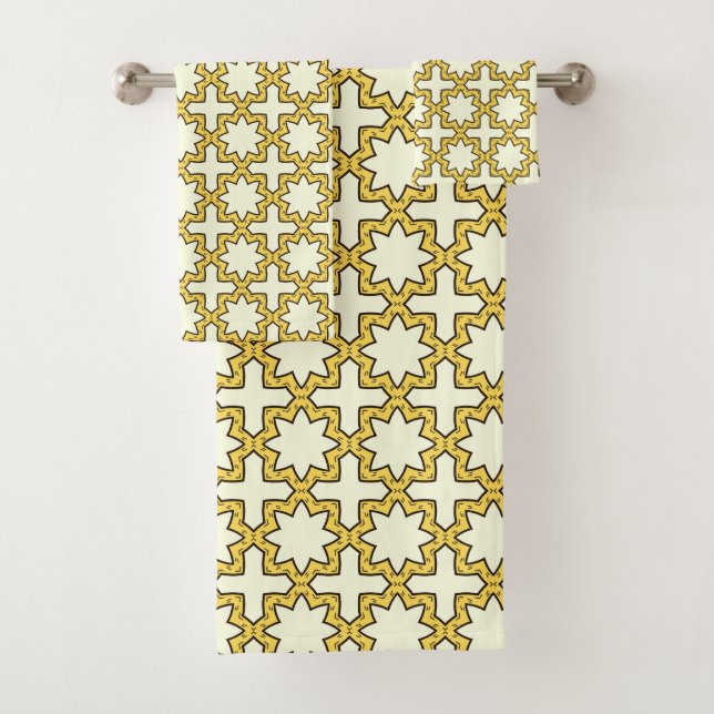 Yellow and brown geometric patterned  badhandtuch set (Insitu)