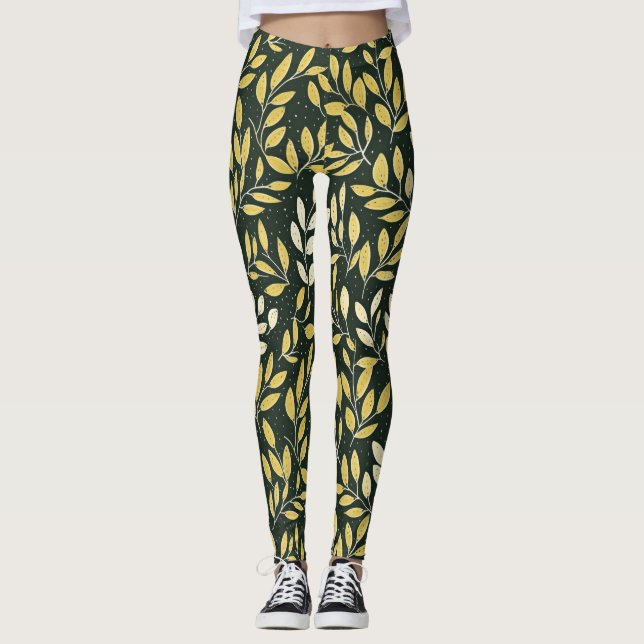 Yellow and Cream Leafy Branches Pattern  Leggings (Vorderseite)