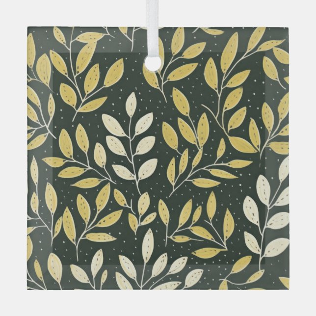 Yellow and Cream Leafy Branches Pattern  Ornament Aus Glas (Vorderseite)