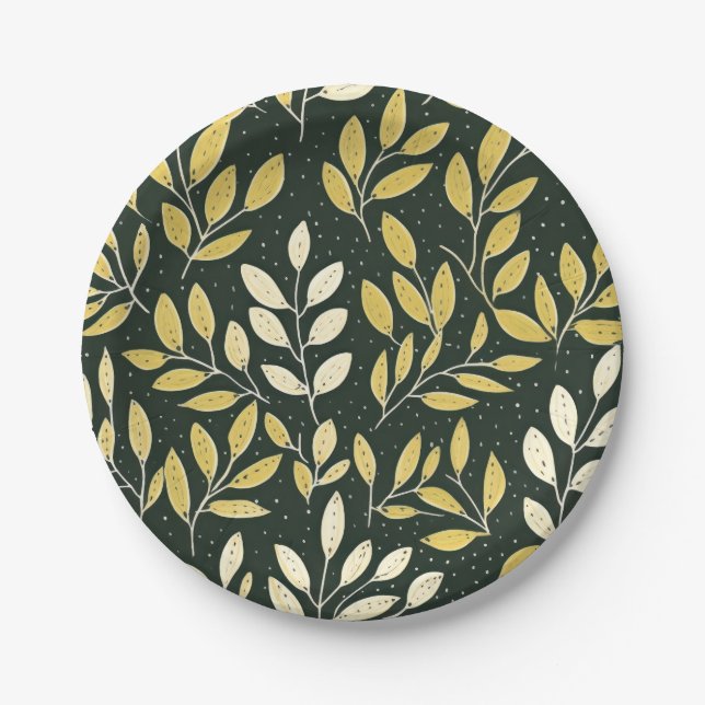 Yellow and Cream Leafy Branches Pattern  Pappteller (Vorderseite)